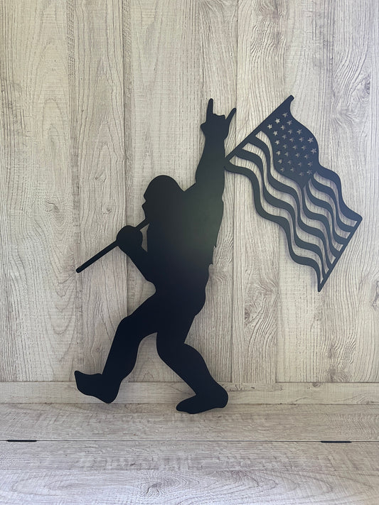 Sasquatch Sign, Sasquatch America Sign, USA Sasquatch Sign, 4th of July Sasquatch, Sasquatch Metal Sign, American Sign, Sasquatch with Flag